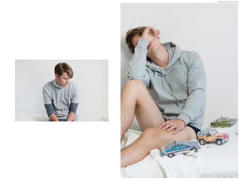 Left: Connor wears turtleneck Kit and Ace, t-shirt and shirt Topman and cropped pants Rick Owens. Right: Connor wears sweatshirt Opening Ceremony and underwear Calvin Klein.