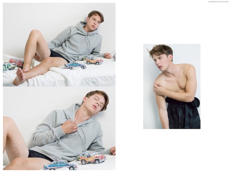 Left: Connor wears sweatshirt Opening Ceremony and underwear Calvin Klein. Right: Connor wears wrap pants UEG.