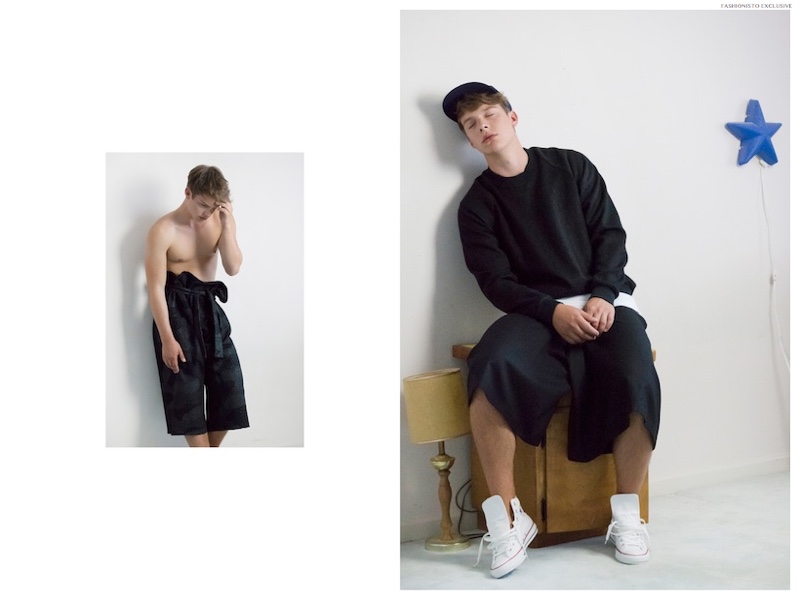 Left: Connor wears wrap pants UEG. Right: Connor wears sweater Stephen Schneider, t-shirt Topman, pants Comme des Garçons and shoes Converse.