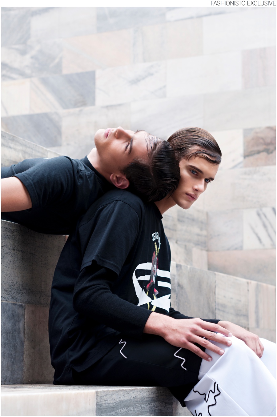 Left to Right:  Stanislaw wears t-shirt Riccardo Tisci for NIKE. Riccardo wears shirt Givenchy by Riccardo Tisci and pants Johnny Valter Vi.