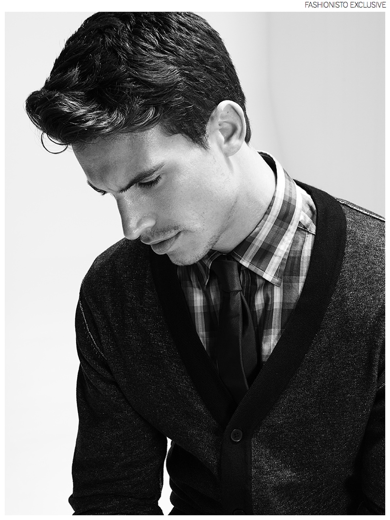 Jeff wears cardigan Officine Generale, shirt Vince Camuto and tie Brioni.