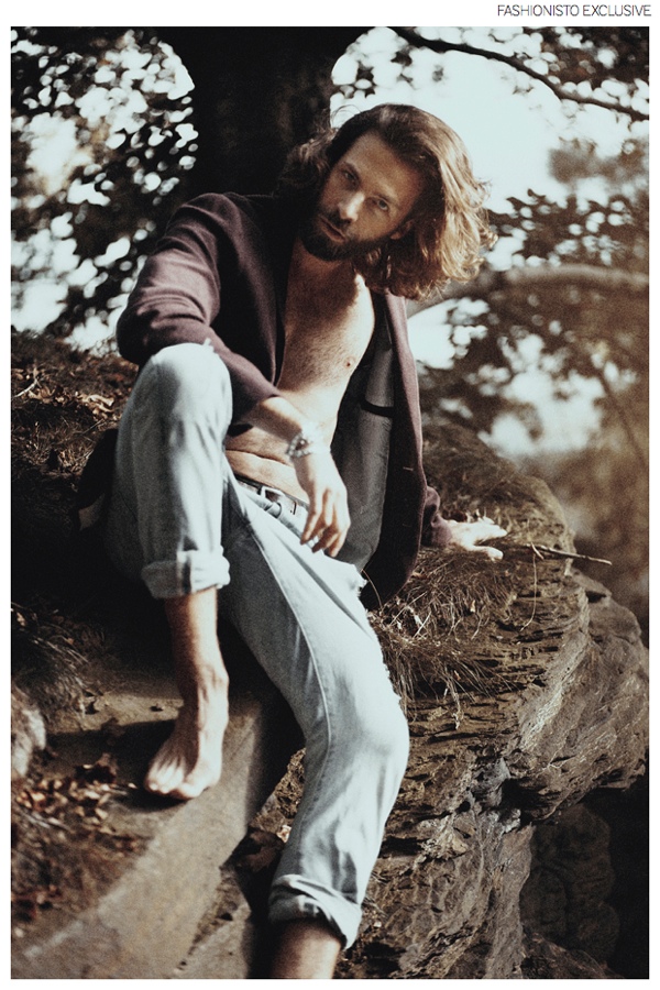 Konstantinos wears jacket Selected Homme, belt stylist's own and vintage jeans Superdry.