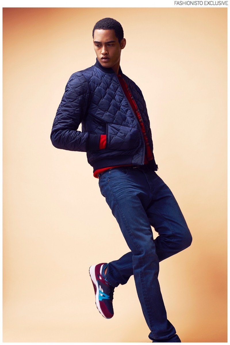 Cameron wears jeans Reiss, shoes Reebok, shirt and bomber jacket Fred Perry.