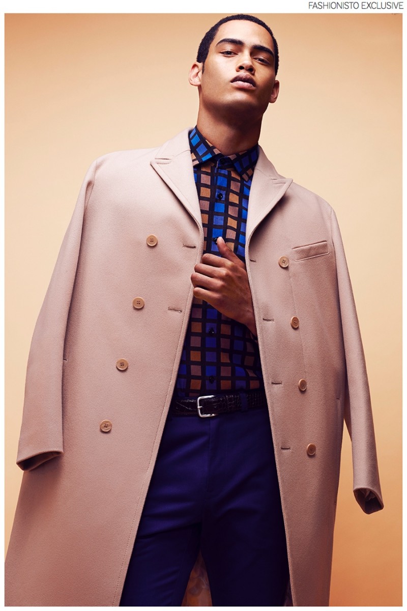Cameron wears coat Carven, shirt Reiss, pants Fred Perry and belt Dolce & Gabbana.