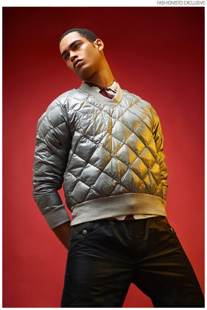 Cameron wears quilted sweater Martin Keehn, shirt Raf Simons x Fred Perry and pants Fingers Crossed.