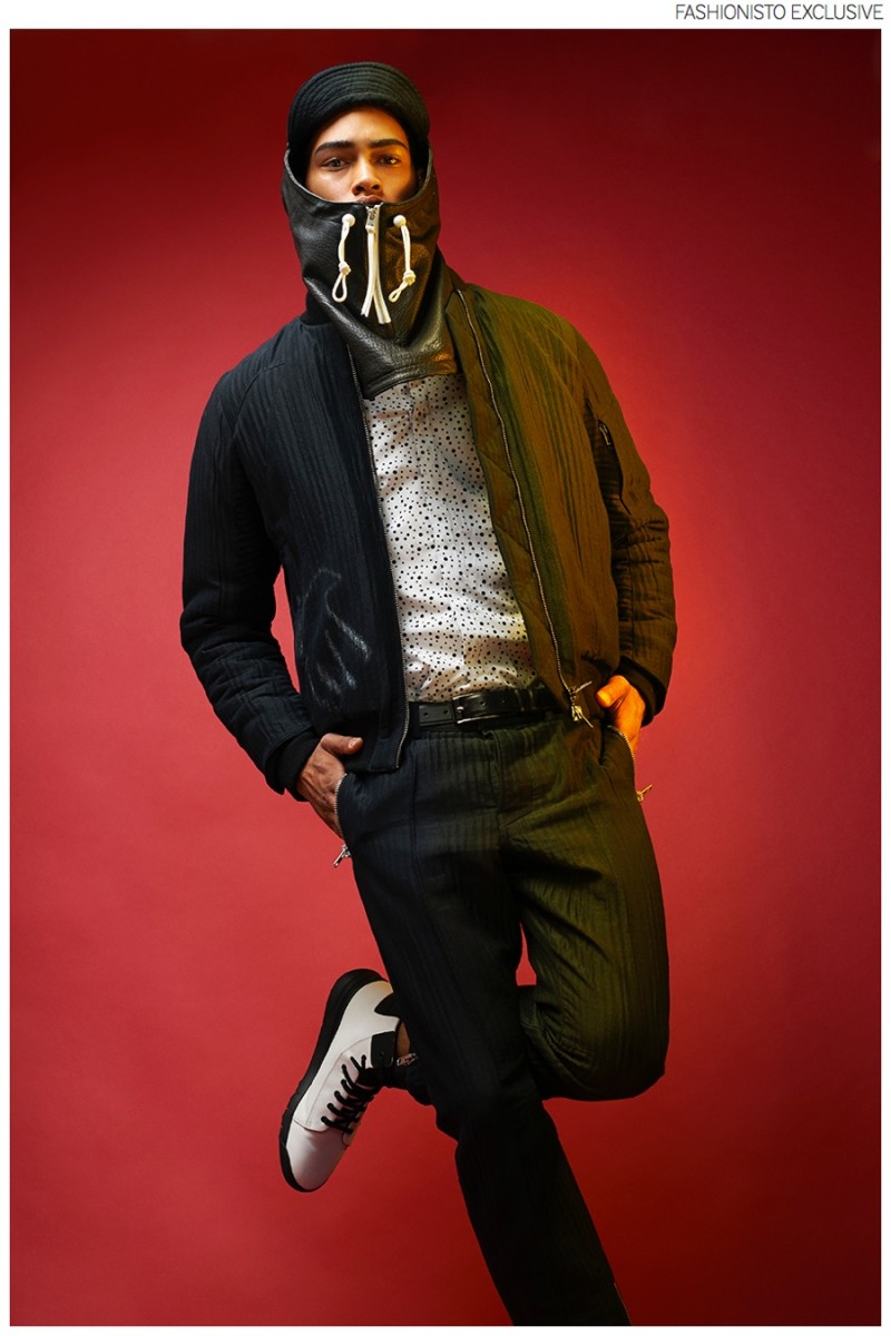 Cameron wears cropped hood Fingers Crossed, shirt Reiss, shoes Camper, pants and jacket Siki Im.