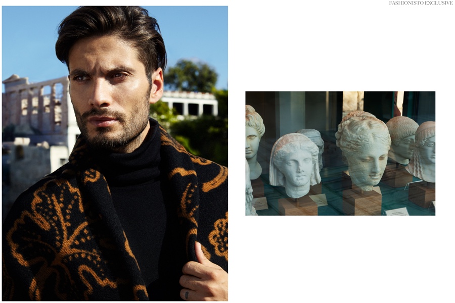 Yiorgos wears logo embroidered wool turtleneck sweater Vivienne Westwood and leaf pattern cashmere jacquard stole Burberry Prorsum.