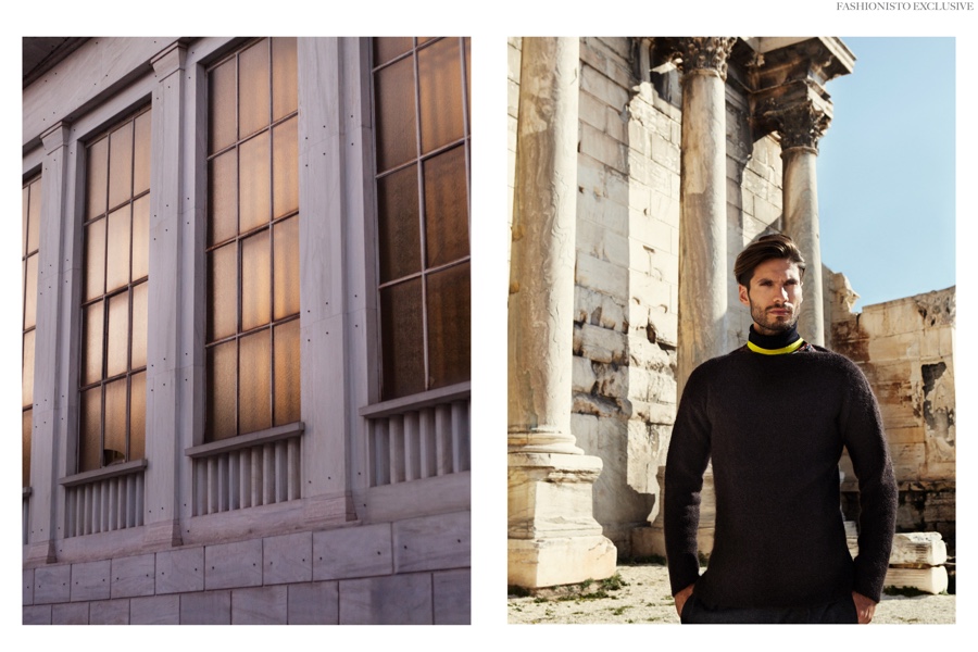 Yiorgos wears micro ribbed cotton turtleneck sweater Balmain, African print cuban fit cotton t-shirt Givenchy by Riccardo Tisci, super kid mohair and apalca blend sweater Salvatore Ferragamo and 18cm shetland wool trousers Valentino. 