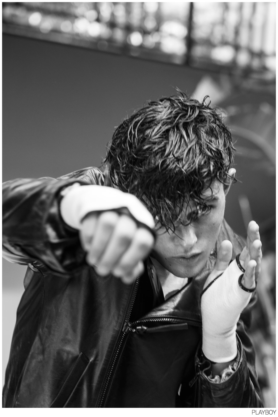 George Elliott Throws Punches in Leather Jackets for Playboy