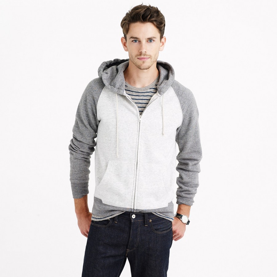 Jeremy Young wears J.Crew bicolor full-zip hoodie