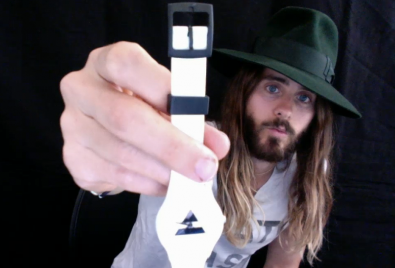 Jared Leto shows off the Triad watch.