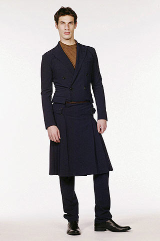 Fall 2005: Gaultier pairs his kilt with a tailored double-breasted jacket for a sleek image.
