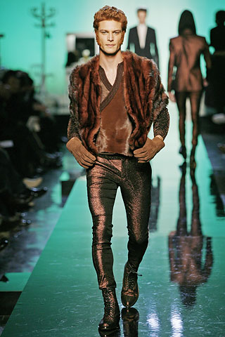 Fall 2007: Jean Paul Gaultier champions the hairdresser with chicly coifed models and leggings-slim trousers.