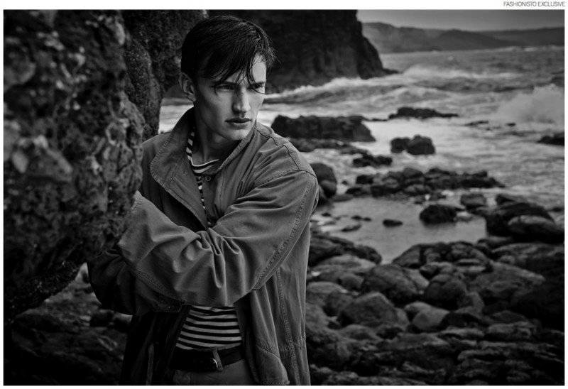 Levi wears t-shirt Isla Collective, parka Bassike from Camargue, pants Three Over One from Camargue and belt Ruby & Prankster.