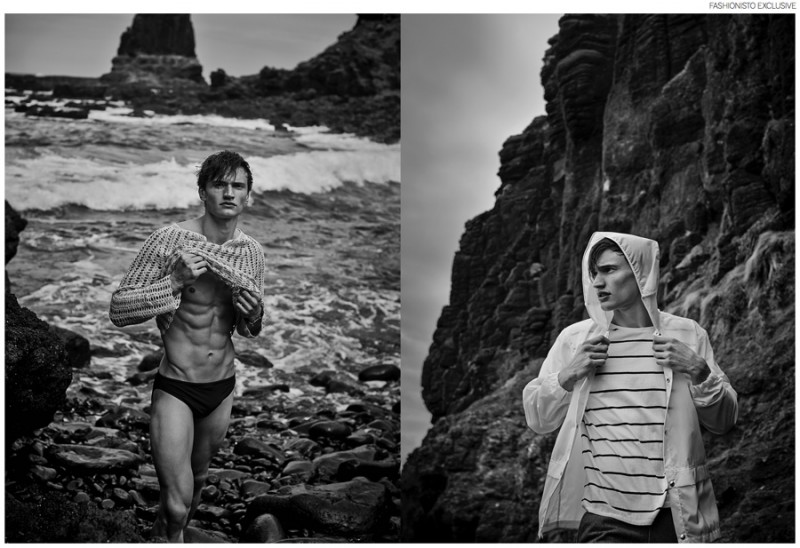 Left: Levi wears knit Pin the Label, swimsuit Speedo and leather wrist wrap Ruby & Prankster. Right: Levi wears t-shirt Three Over One from Camargue, trousers and rain jacket HAN.
