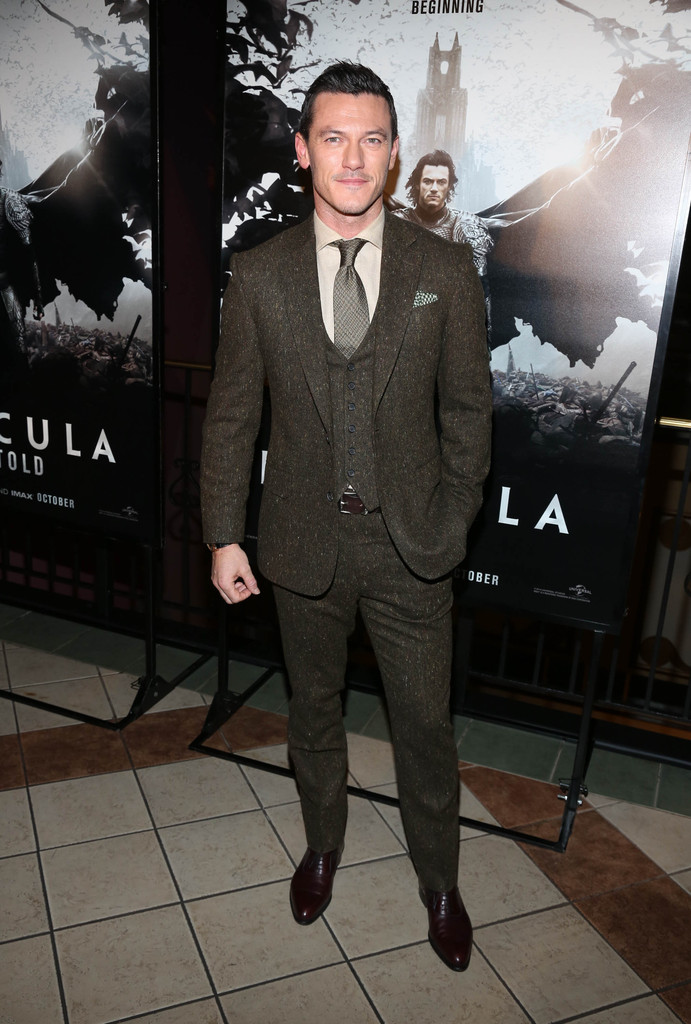 Attending the New York City premiere of 'Dracula Untold' on October 6, 2014 at AMC Loews 34th Street theater, actor Luke Evans was dapper in a three-piece tailored suit from Gieves & Hawkes.