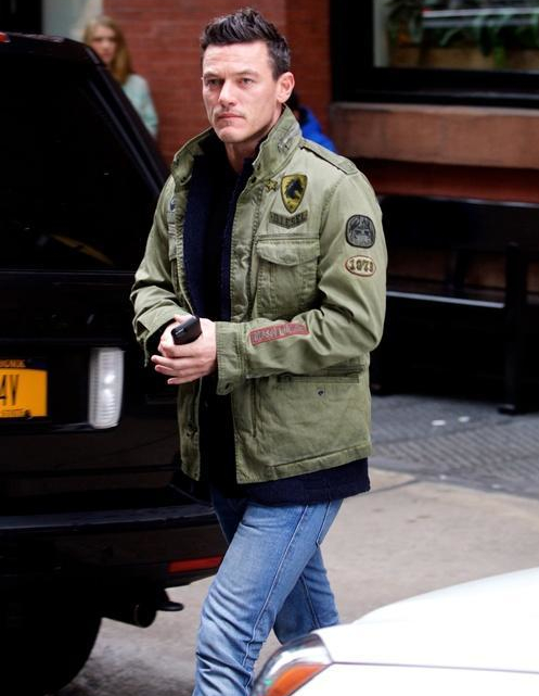 Pictured in New York City on October 11th, 'Dracula Untold' actor Luke Evans wore Diesel's J-Amma Military Jacket with a pair of casual distressed denim jeans.