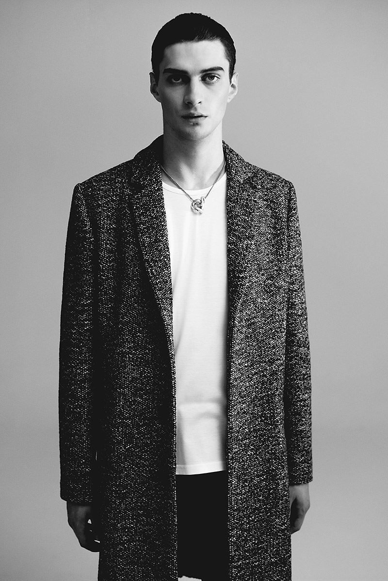 British model Matthew Bell connects with Blindness for its fall-winter 2014 campaign. Posing in the studio, Matthew is captured in a black & white photo that showcases the label's simple lines.