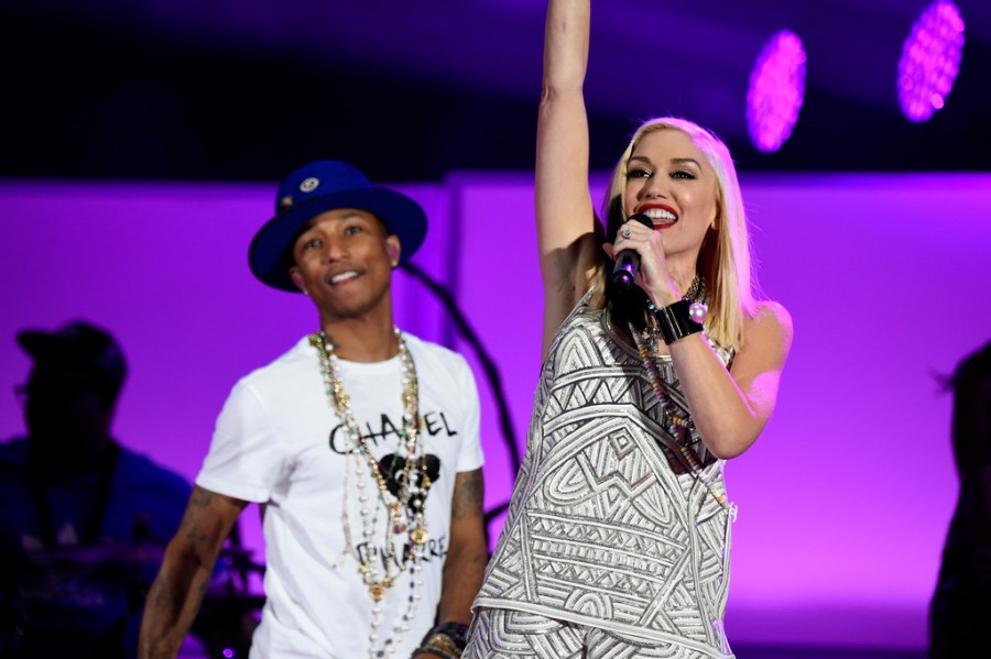 Pharrell is joined onstage by frequent collaborator and fellow 'Voice' judge Gwen Stefani.