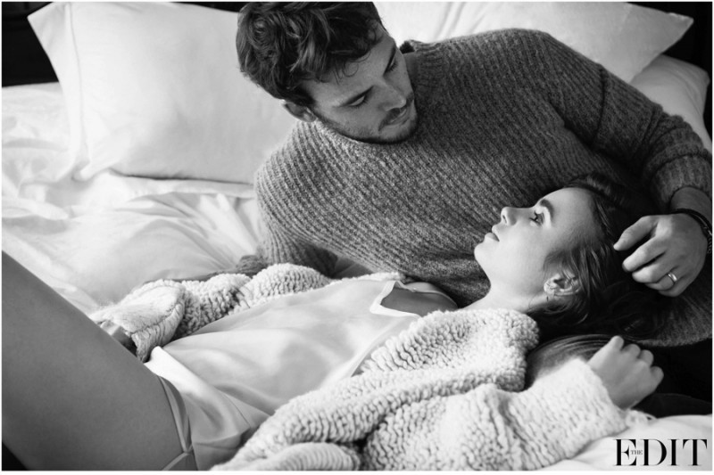 Actors Sam Claflin and Lily Collins pose for an image on behalf of Net-a-Porter's The Edit.
