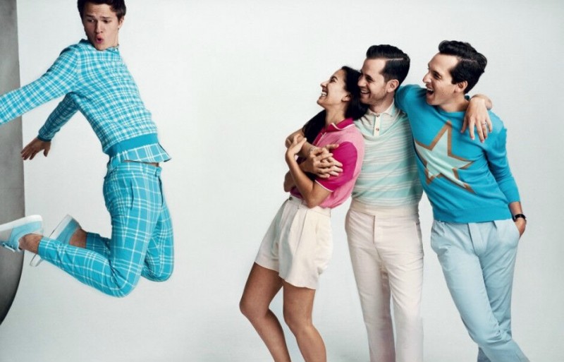 Photographed by Norman Jean Roy, actor Ansel Elgort plays muse to Orley designers and CFDA/Vogue Fund finalists Samantha Florence, Matthew and Alex Orley. The trio appear in the November 2014 edition of American Vogue, honored for their knits and colorful prints. / Styling by Sara Moonves.