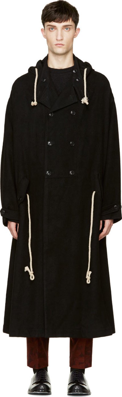 Yohji-Yamamoto-Black-Flannel-Wool-Hooded-Coat