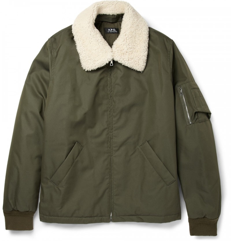 A.P.C. Shearling Collar Cotton Blend Bomber Jacket