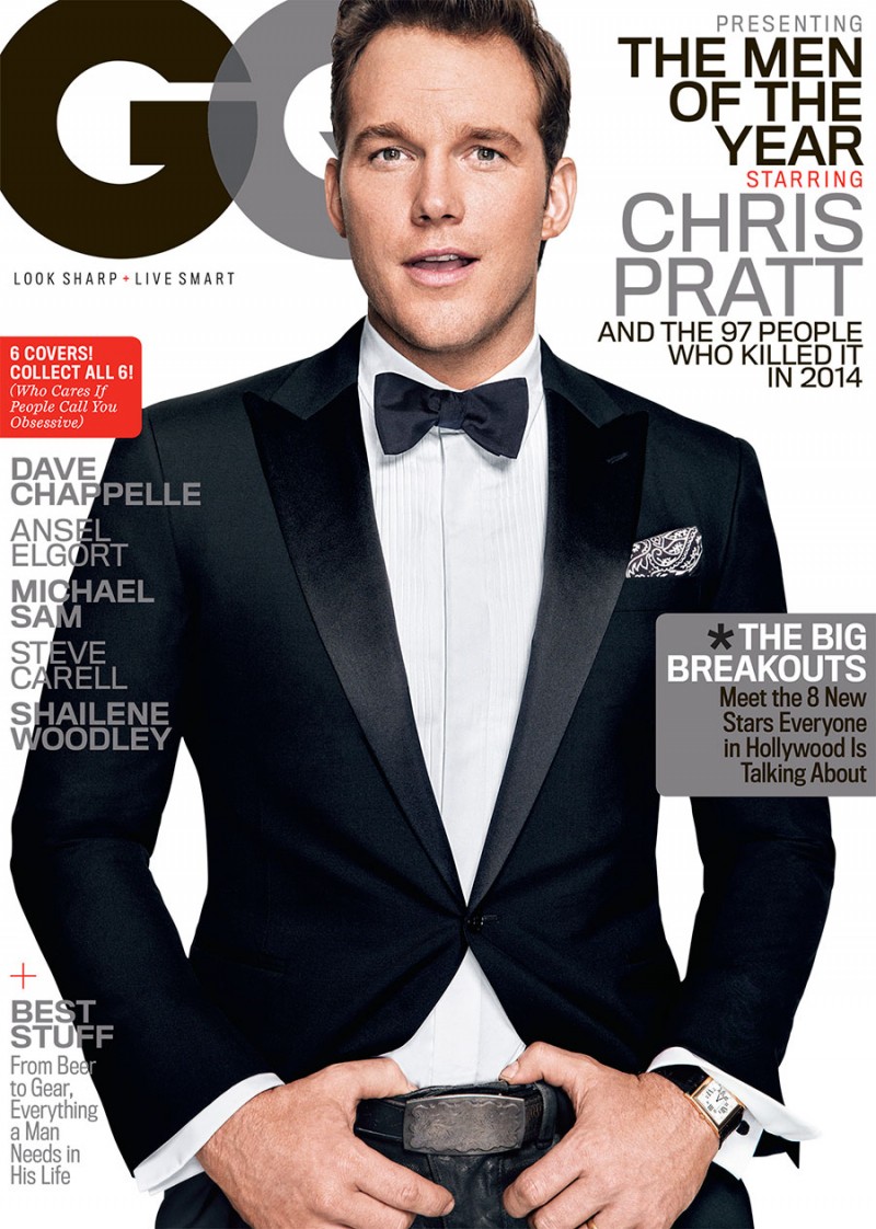 Chris Pratt goes formal in a sharp tuxedo for the cover of GQ's 'Men of the Year' December 2014 issue.