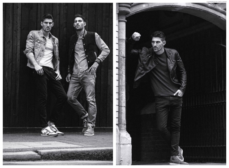 Left: Adam wears all clothes AllSaints. Chris wears bomber jacket Topman, jeans AllSaints and belt Oliver Sweeney.  Right: Chris wears leather jacket Burberry, top Zara, jeans Dsquared2 and boots Diesel. 