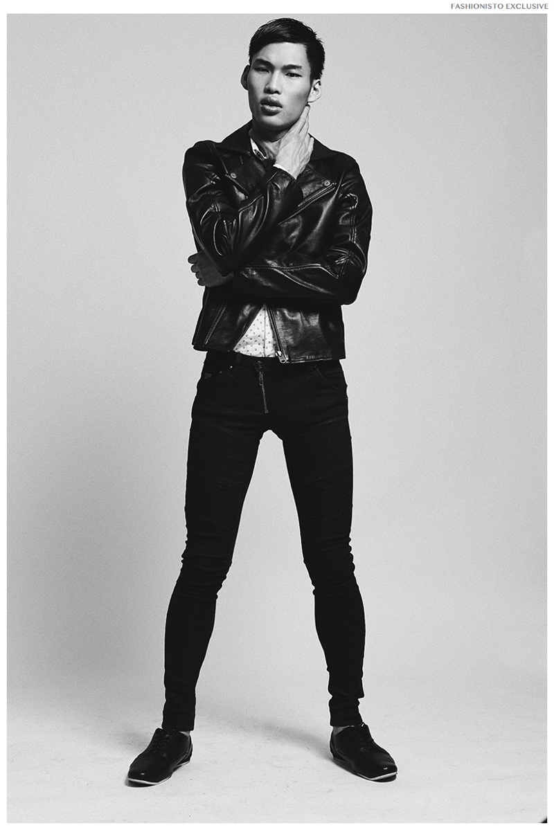 Chun wears shirt and shoes Zara, jeans and leather jacket G-Star Raw.