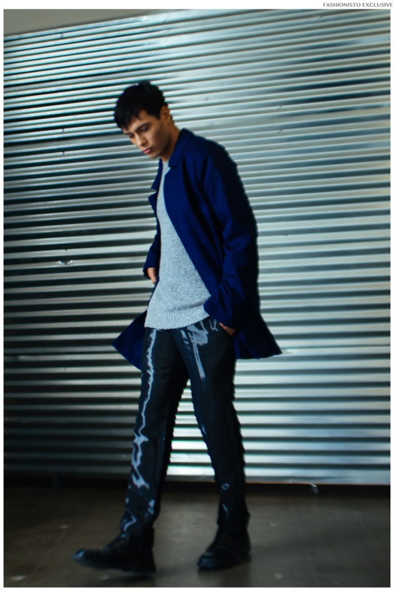 Devon wears coat American Apparel, pullover Jacob Davis, trousers Anthony Franco and shoes Prada.