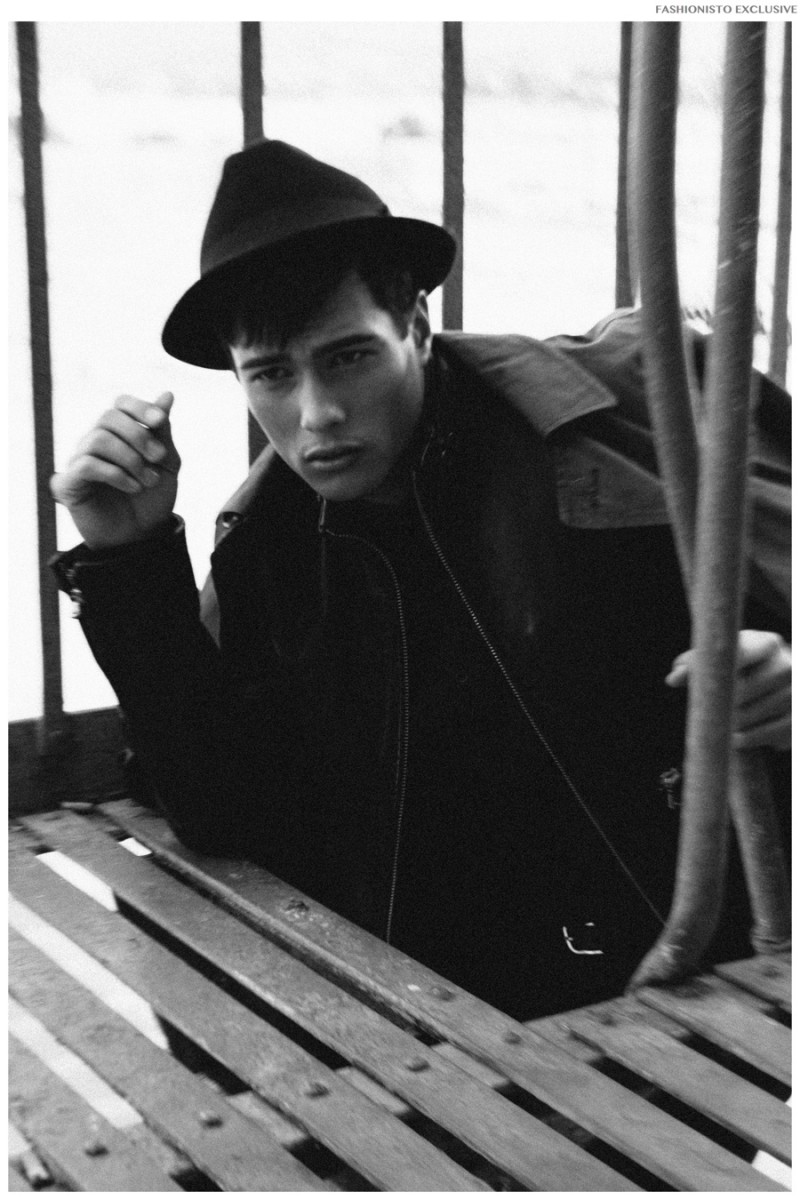 Devon wears hat Topman, button-down J.Lindeberg, jacket and coat G-Star Raw.