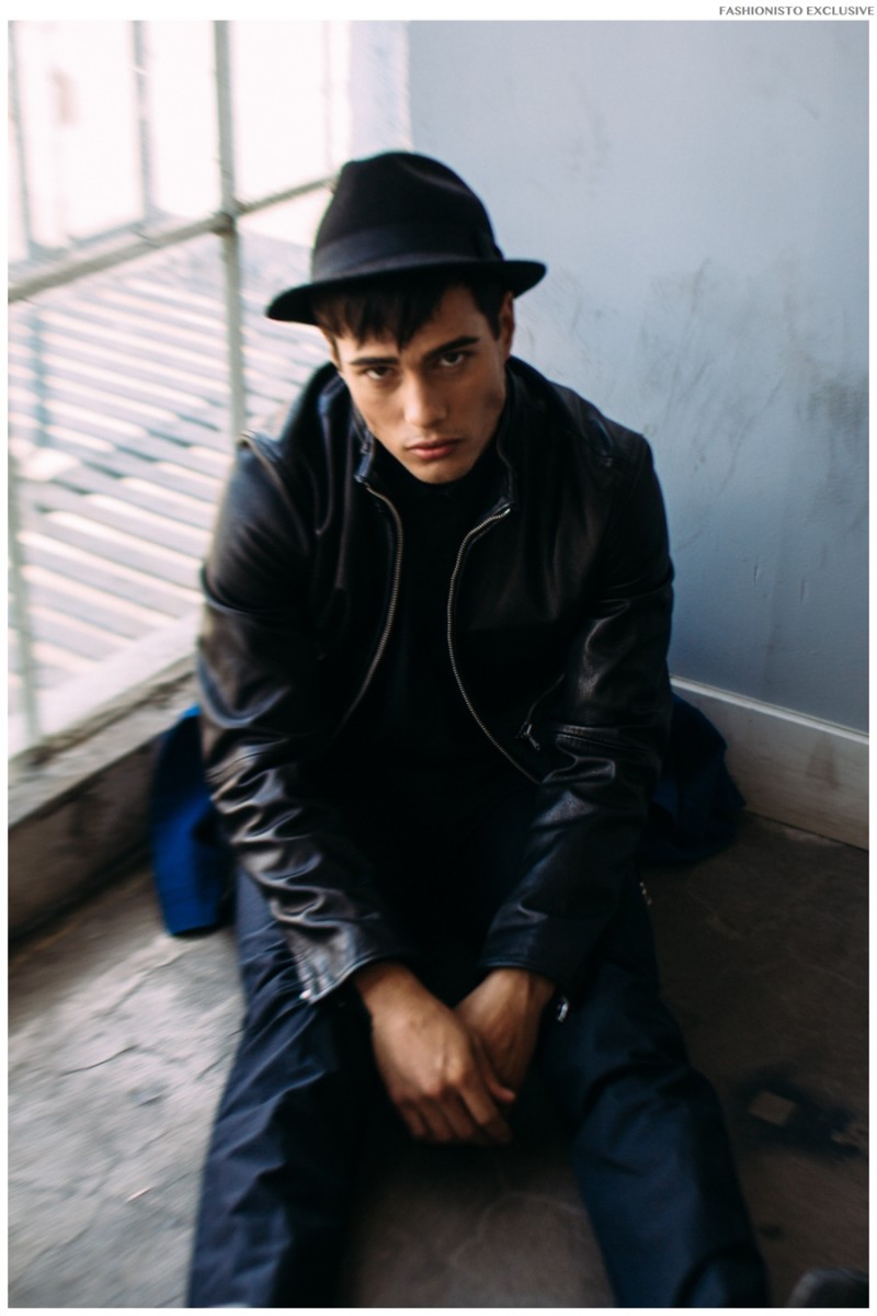 Devon wears hat Topman, button-down and trousers J.Lindeberg and jacket G-Star Raw.
