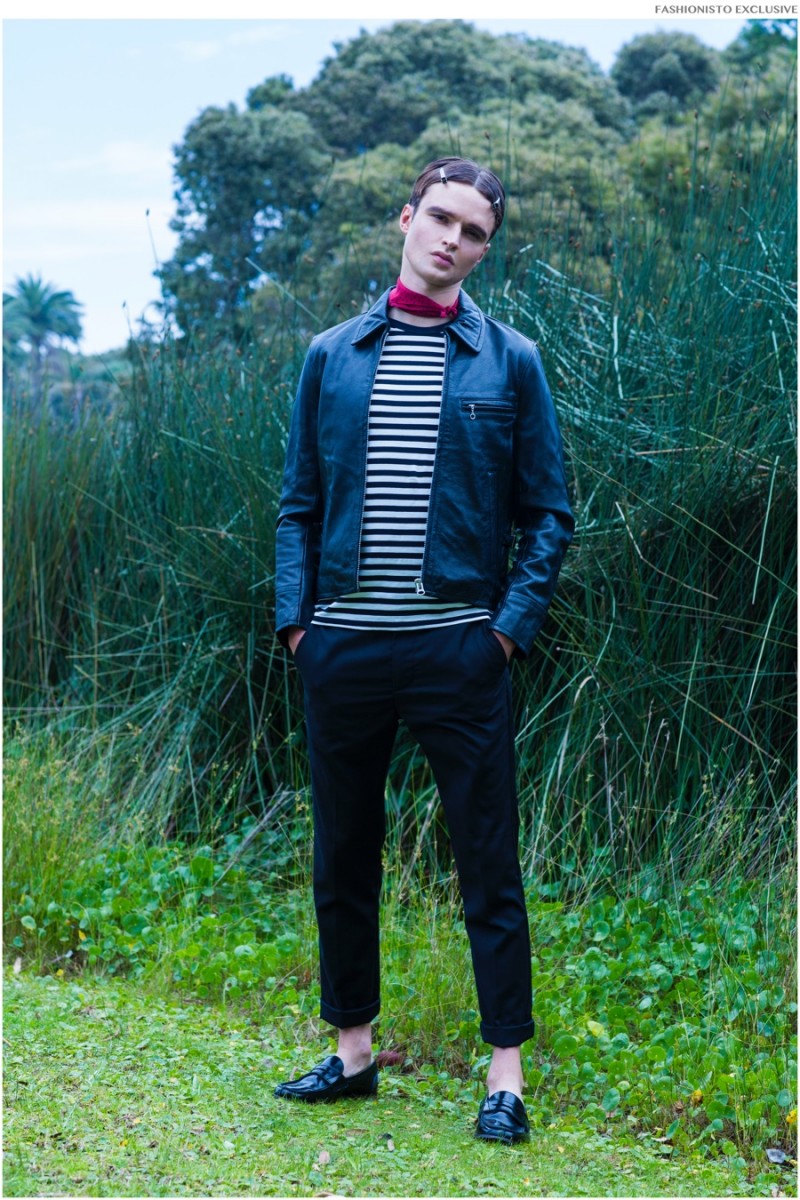 Bryton wears pants Cheap Monday, loafers Ted Baker, scarf, striped tee and leather jacket Jack London.