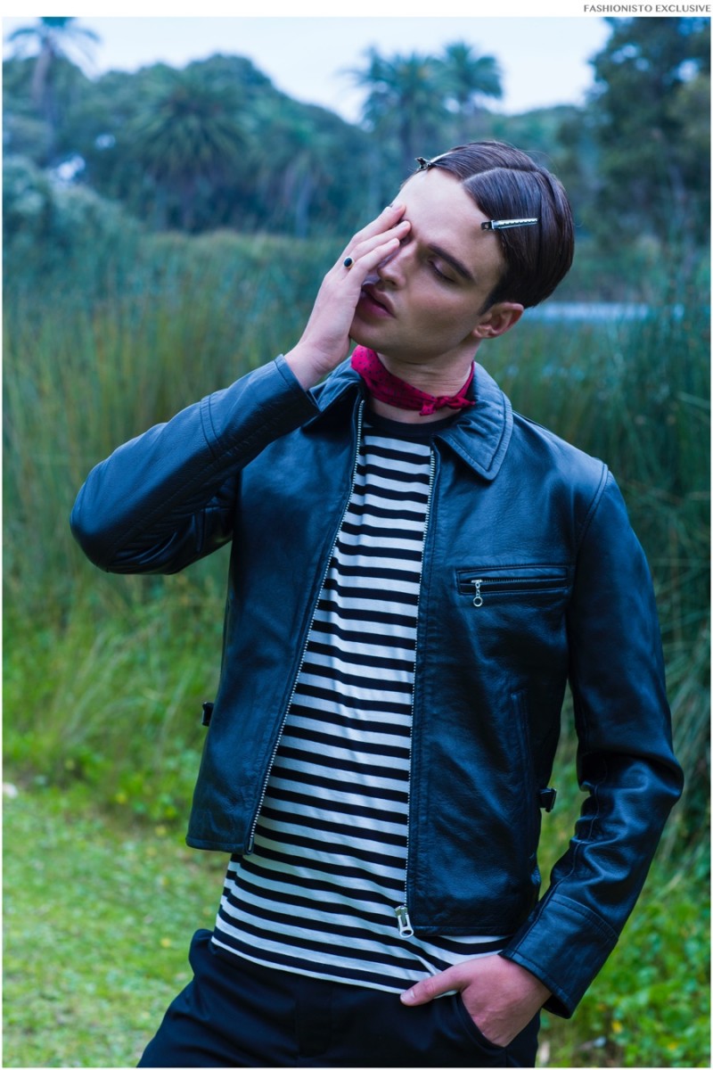 Bryton wears scarf, striped tee and leather jacket Jack London.