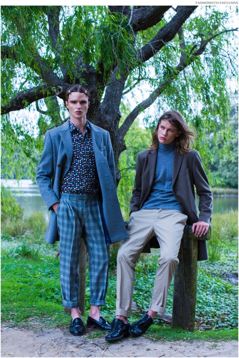 Left to Right: Bryton wears shoes Ted Baker, shirt, coat and pants SAND. James wears pants Jack London, shoes Roger David, coat and top SAND. 