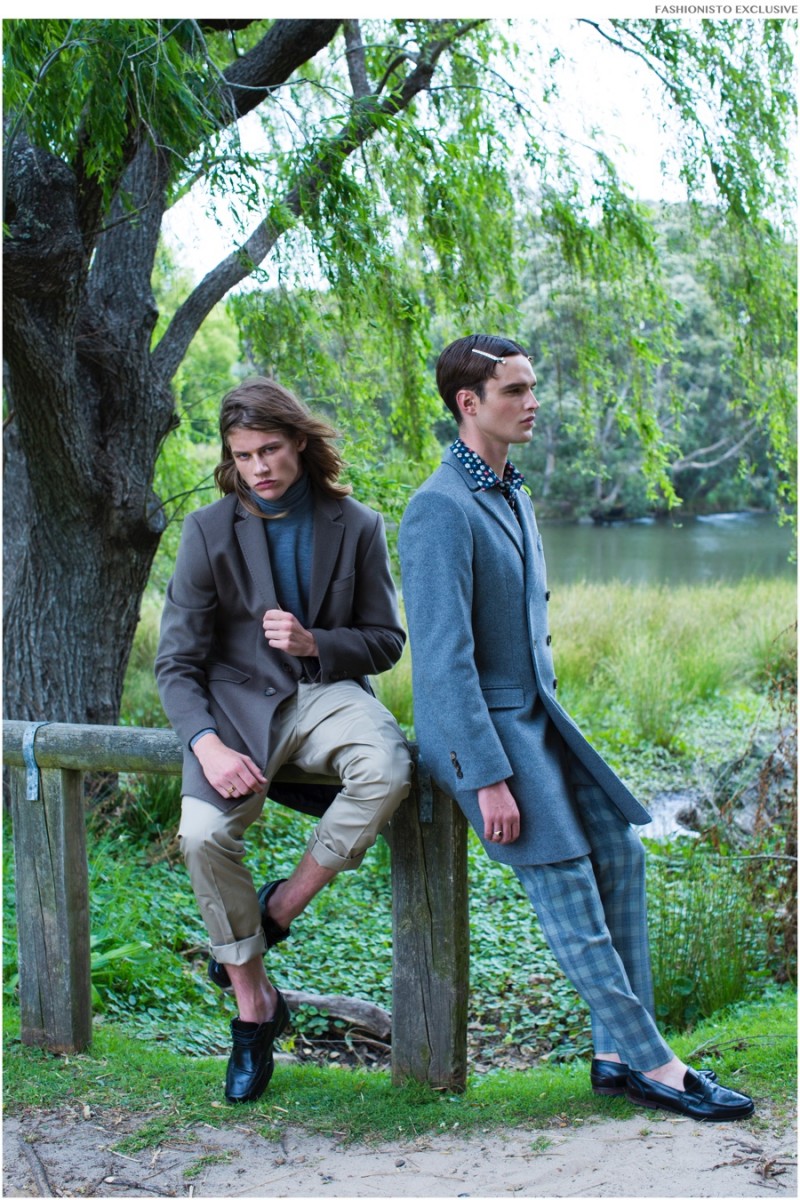 Left to Right: James wears pants Jack London, shoes Roger David, coat and top SAND. Bryton wears shoes Ted Baker, shirt, coat and pants SAND.