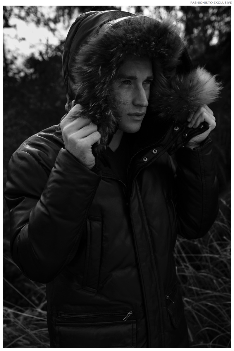 Julian wears top Eddie Bauer and jacket Mackage.