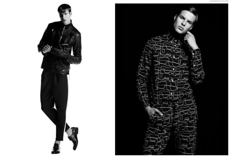 Left: Filip wears necklace stylist's own, trousers H&M, shoes and leather gloves Vagabond, shirt and jacket Zara. Right: Filip wears turtleneck Zara, shirt and jumper H&M.