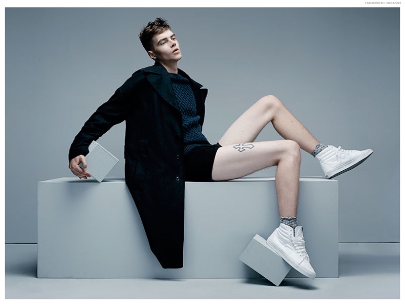 David wears sweater Vince, underwear Calvin Klein, coat Rick Owens, socks Punto and shoes Vans.