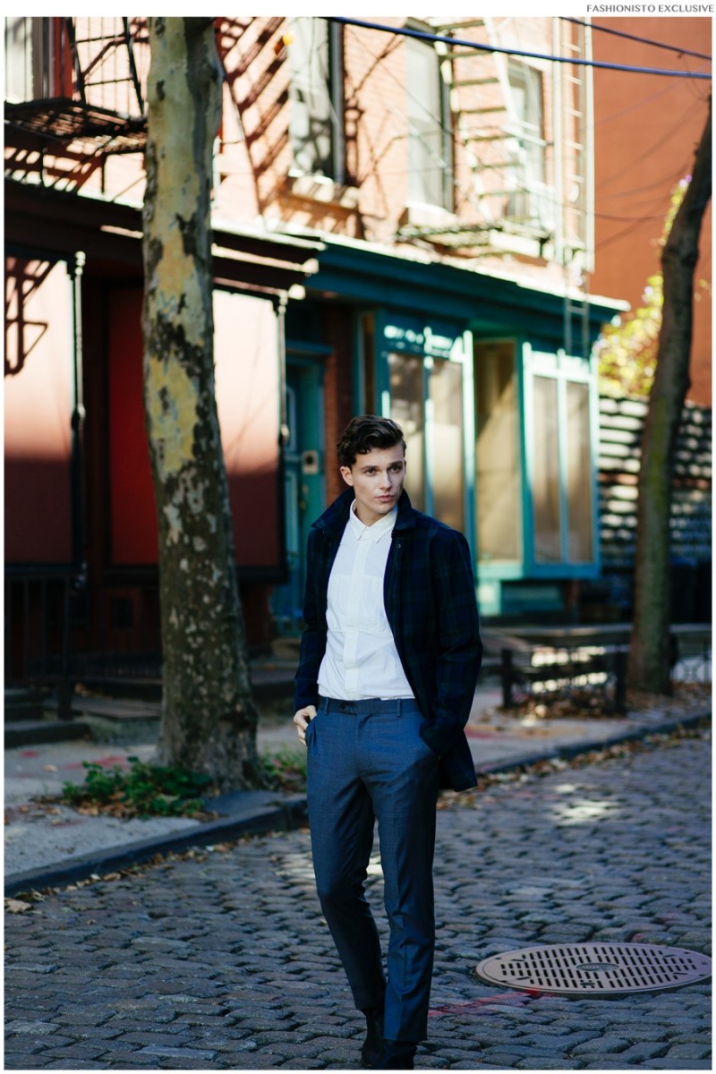 Samuel wears coat Topman, shirt Billy Reid, pants Brooklyn Tailors and shoes Florshiem by Duckie Brown.