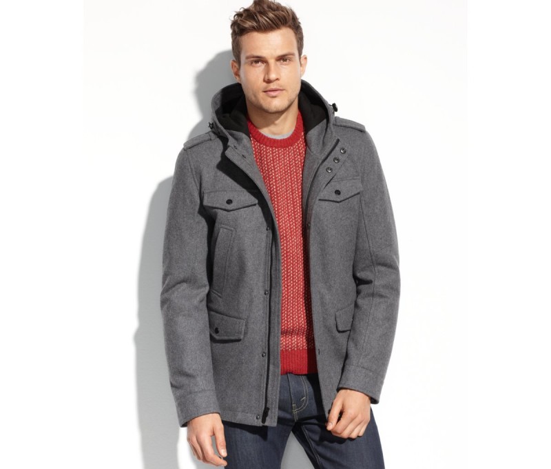 GUESS Wool Four Pocket Hooded Coat