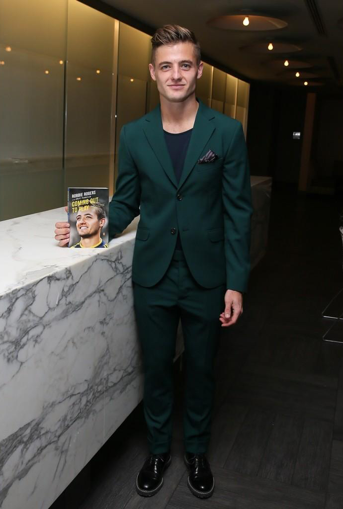 Celebrating the release of his memoir 'Coming Out to Play' on November 13th, soccer player Robbie Rogers was a refined vision in a green suit from Marni. Rogers, also recently celebrated the extension of his multi-year contract with the Los Angeles Galaxy.