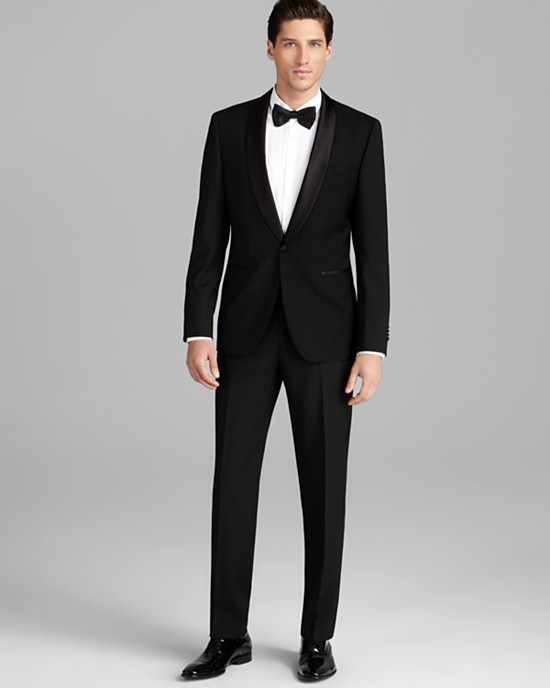 Model Ryan Kennedy wears BOSS by Hugo Boss Sky Gala Tuxedo Suit