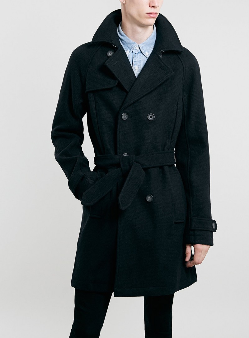 Navy Belted Wool Mix Trench Coat
