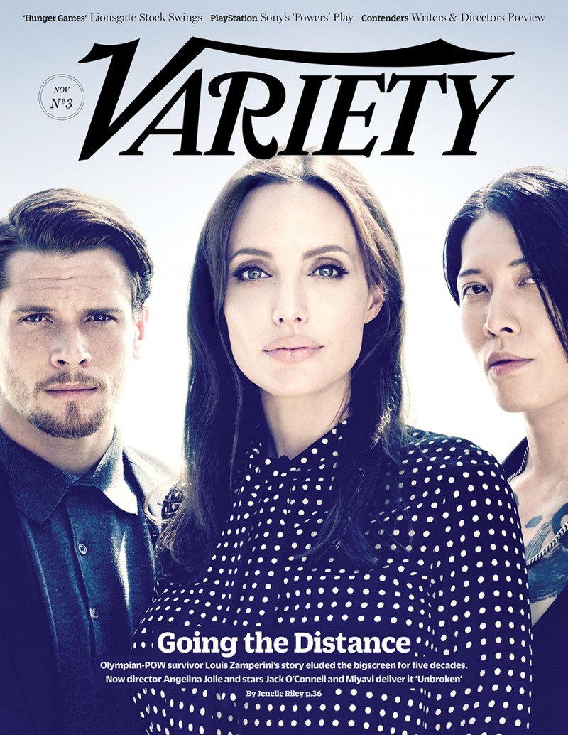 Angelina Jolie covers the latest edition of Variety with 'Unbroken' actors Jack O'Connell and Miyavi.
