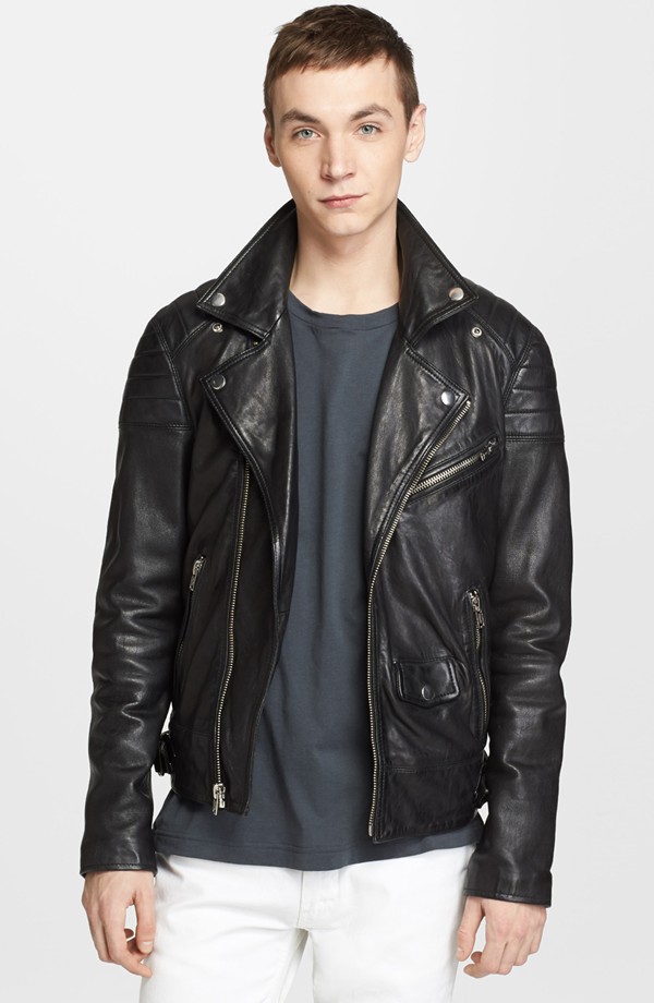 Model Yuri Pleskun wears BLK DNM leather moto jacket