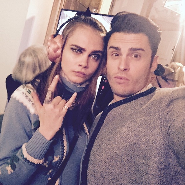 Baptiste Giabiconi poses for a selfie with Cara Delevingne at the Chanel show this week
