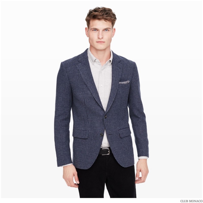 Houndstooth Moment: Try on a houndstooth blazer for a nod to classic menswear styles. Here, model John Todd breaks up houndstooth and makes it youthful with the use of different colors.