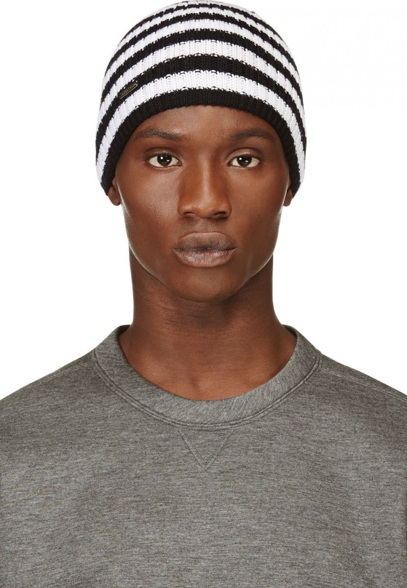 Dsquared2 Black & White Striped Wool Knit Beanie